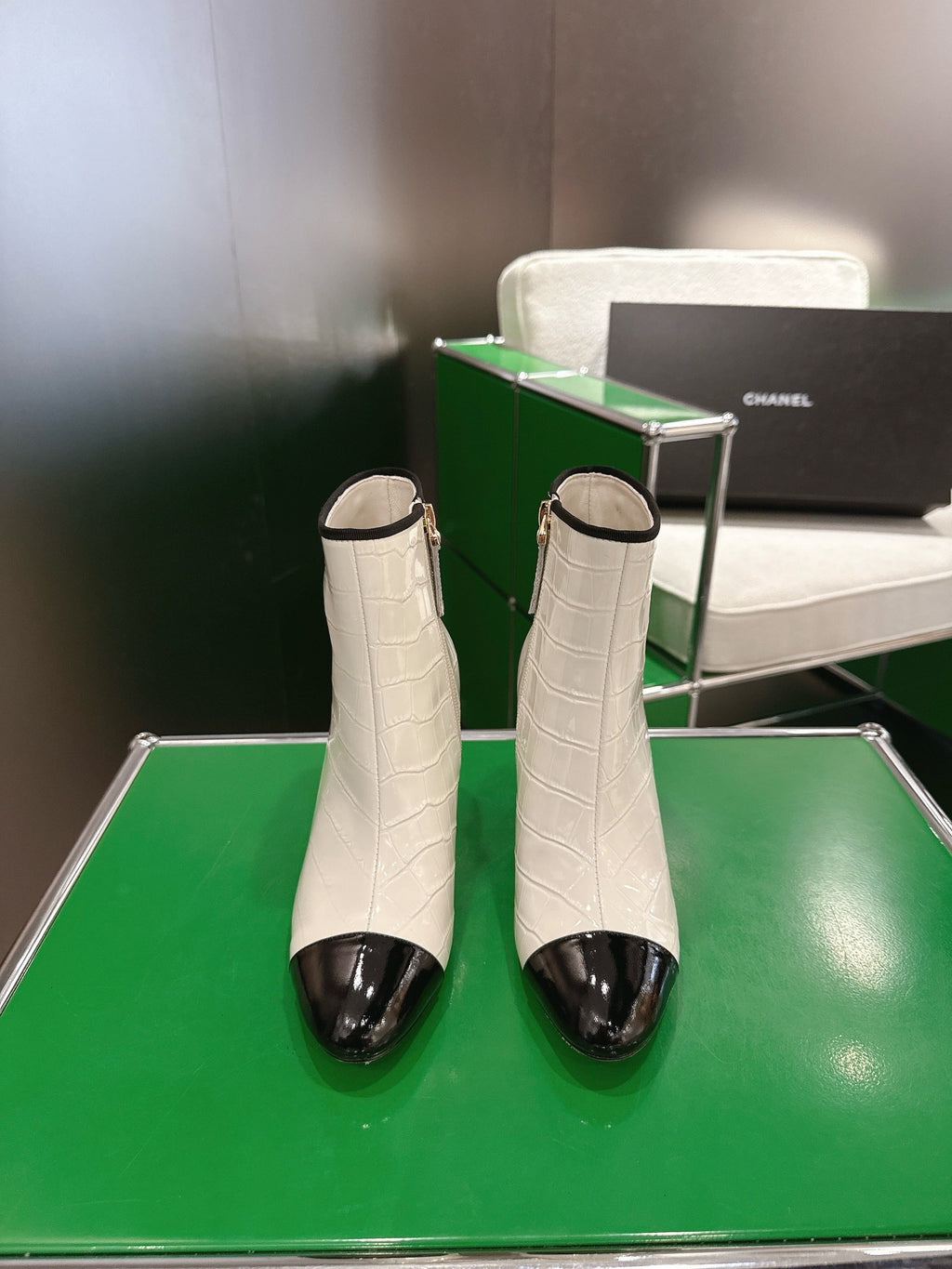 Chanel 2025???? High Heeled Ankle Boots Cream and Black Glossy Leather 507546