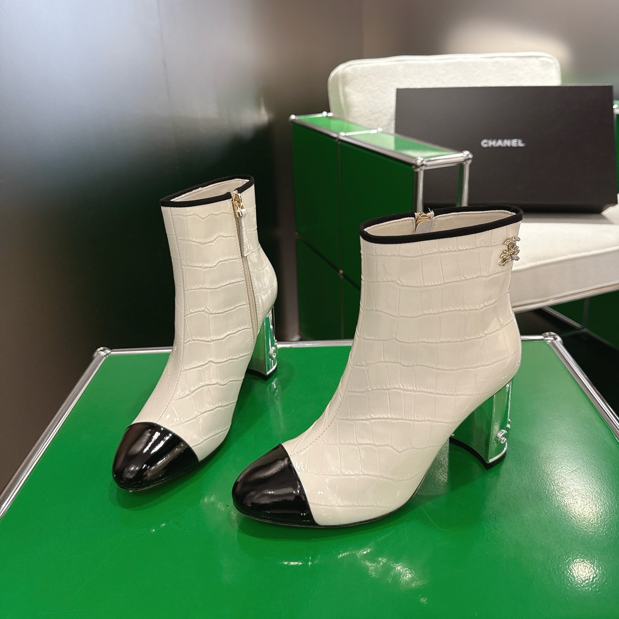 Chanel 2025???? High Heeled Ankle Boots Cream and Black Glossy Leather 507546