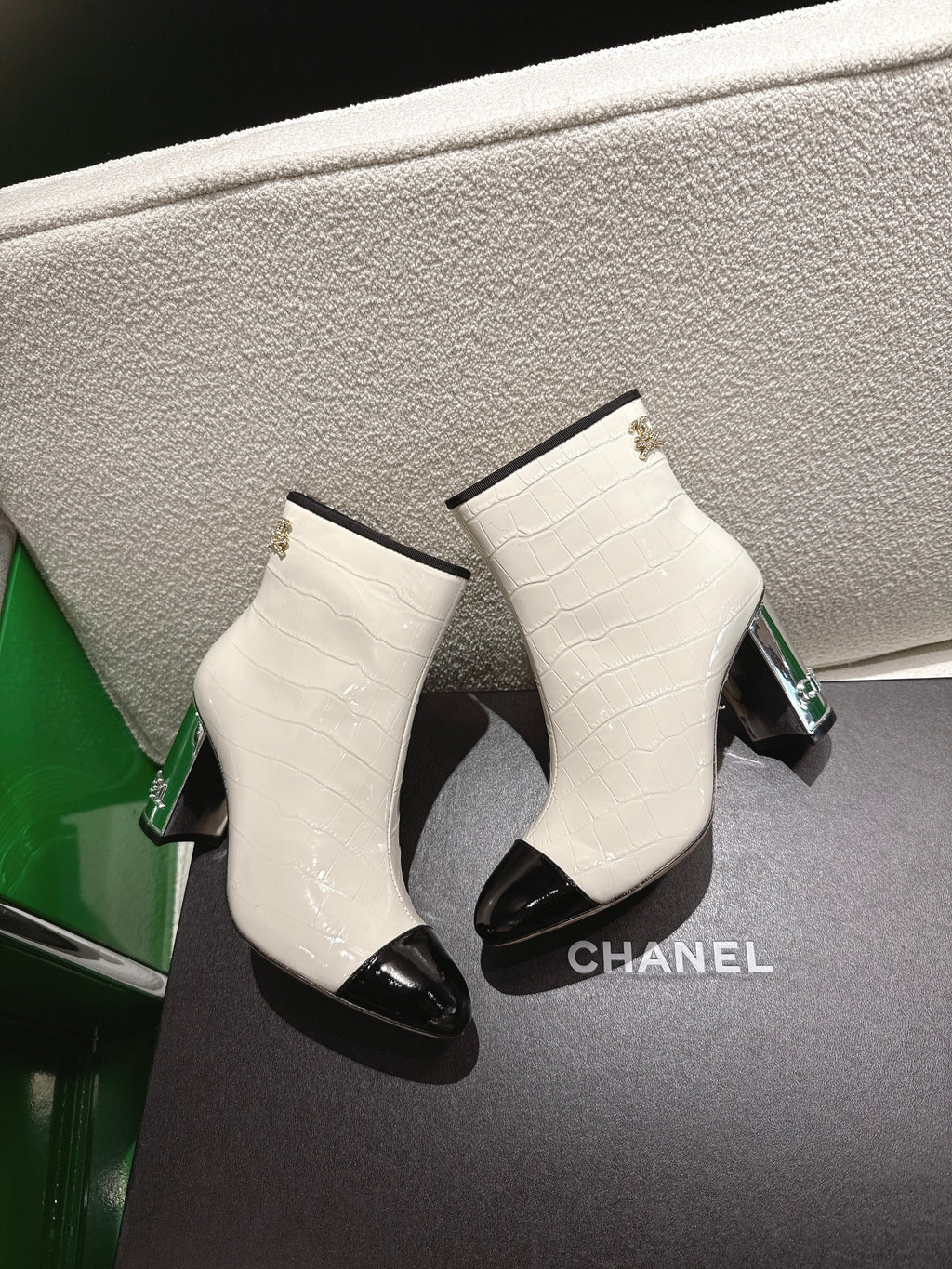 Chanel 2025???? High Heeled Ankle Boots Cream and Black Glossy Leather 507546