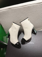 Chanel 2025???? High Heeled Ankle Boots Cream and Black Glossy Leather 507546