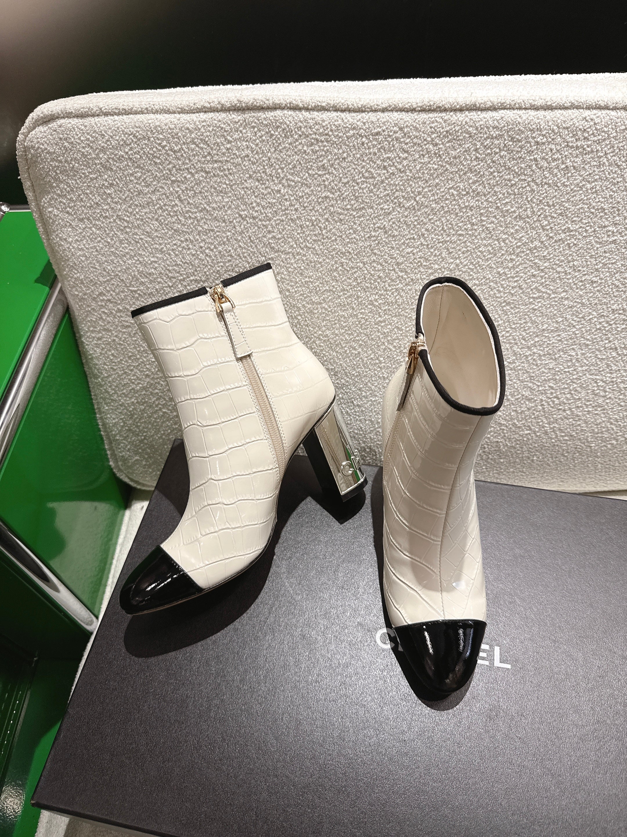 Chanel 2025???? High Heeled Ankle Boots Cream and Black Glossy Leather 507546