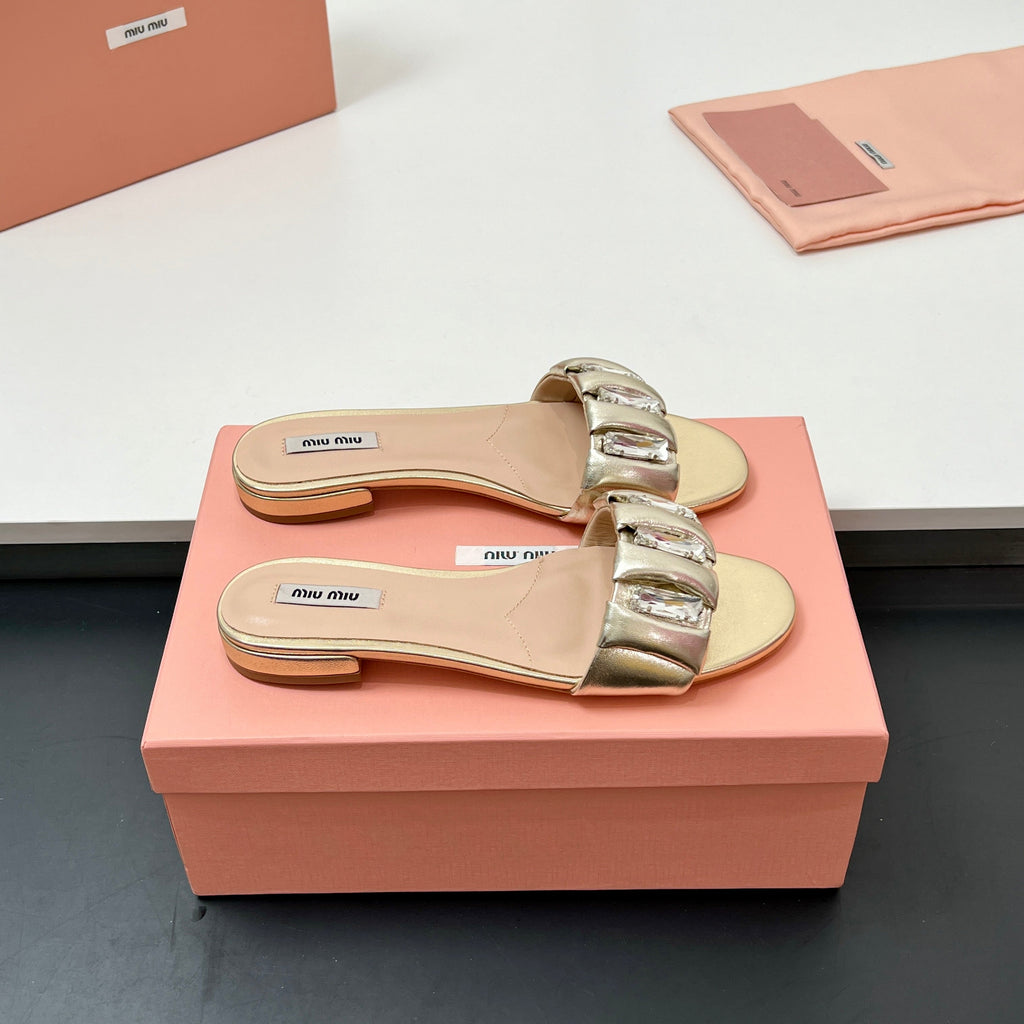 Miu 10mm Slipper with diamonds gold leather 223450