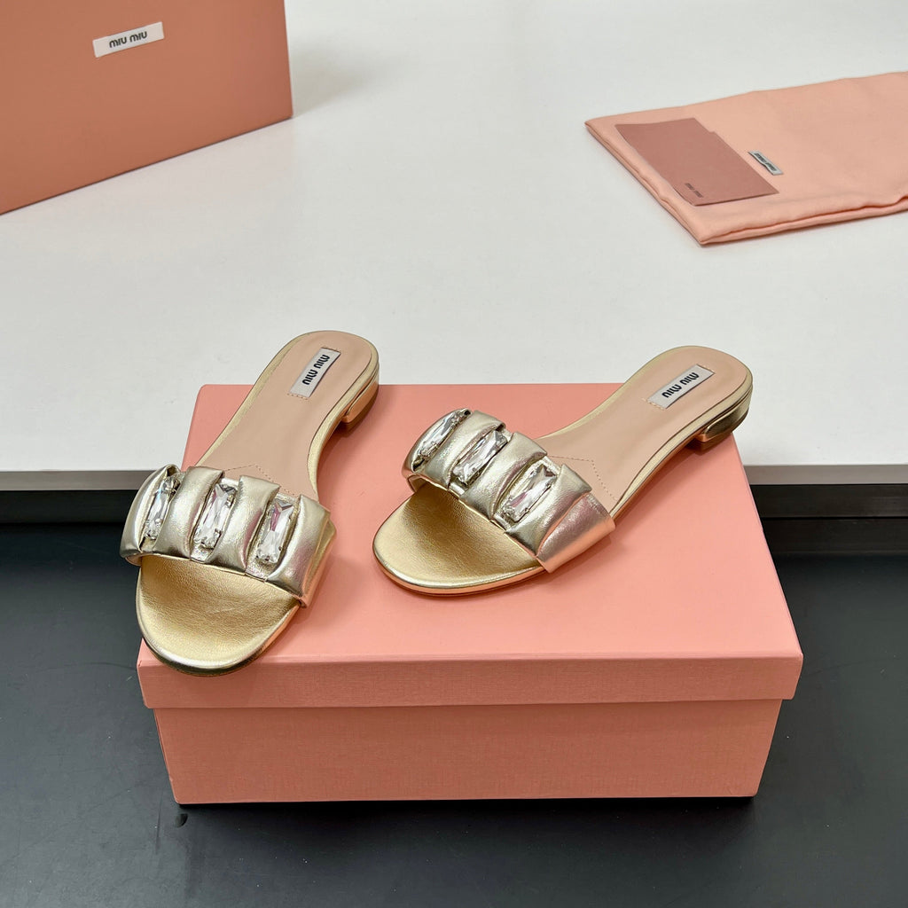 Miu 10mm Slipper with diamonds gold leather 223450