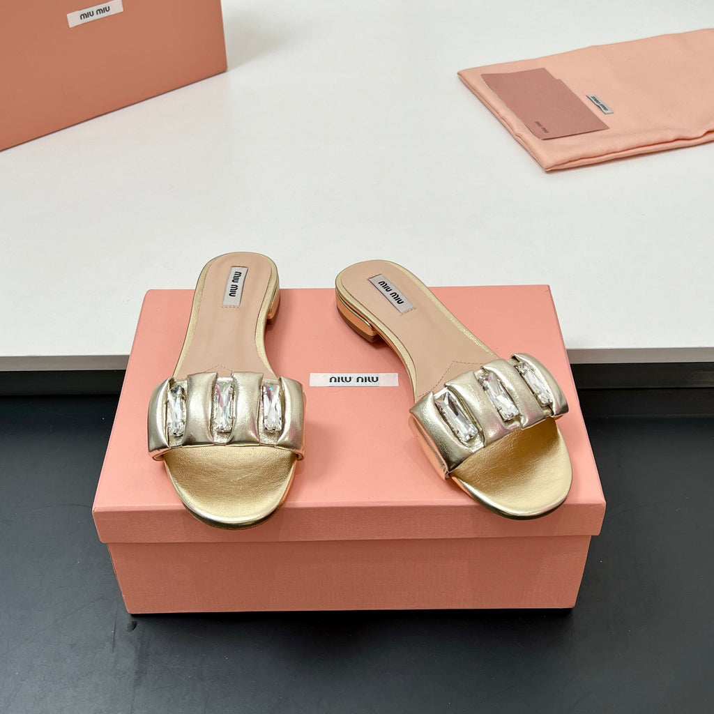 Miu 10mm Slipper with diamonds gold leather 223450