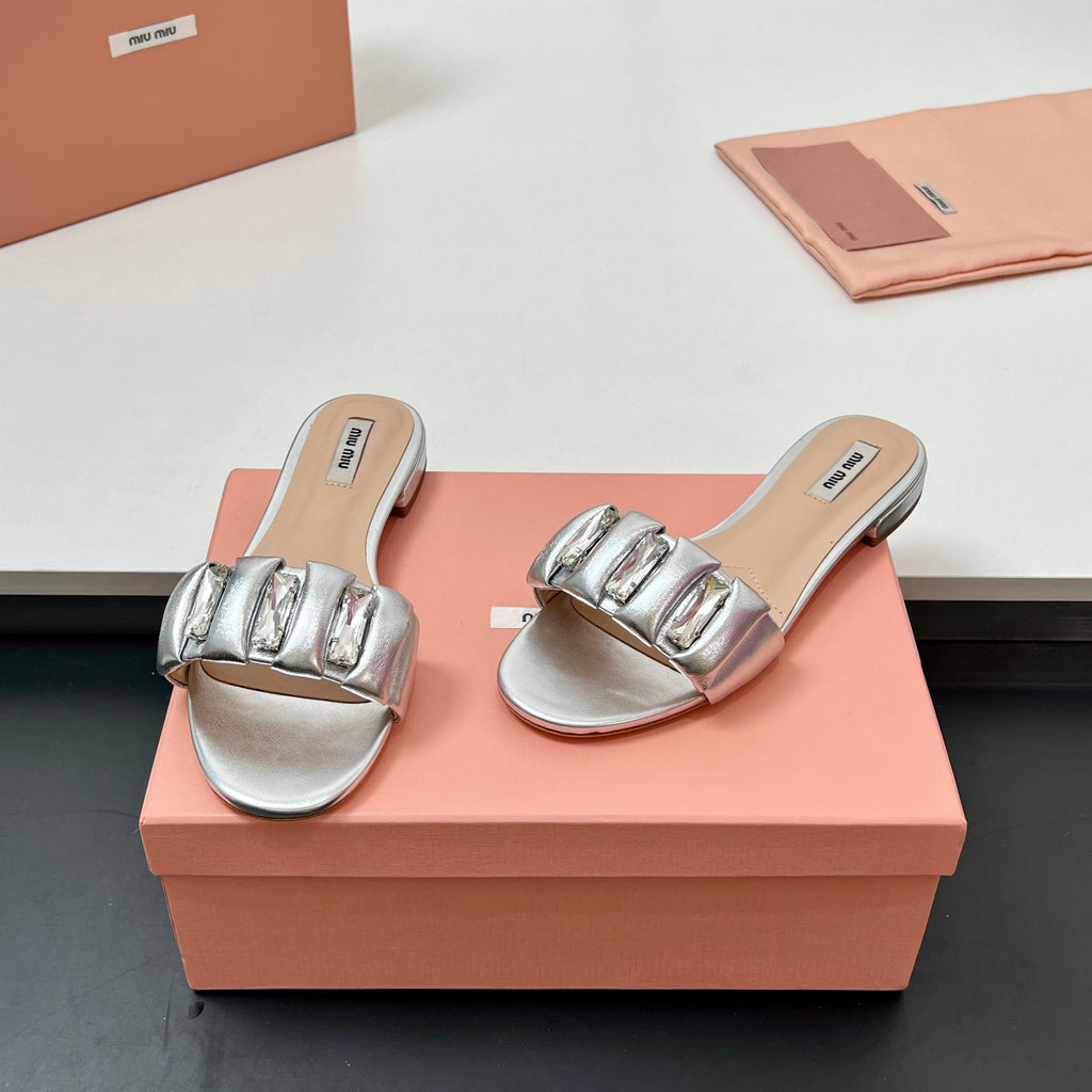 Miu 10mm Slipper with diamonds silver leather 223453