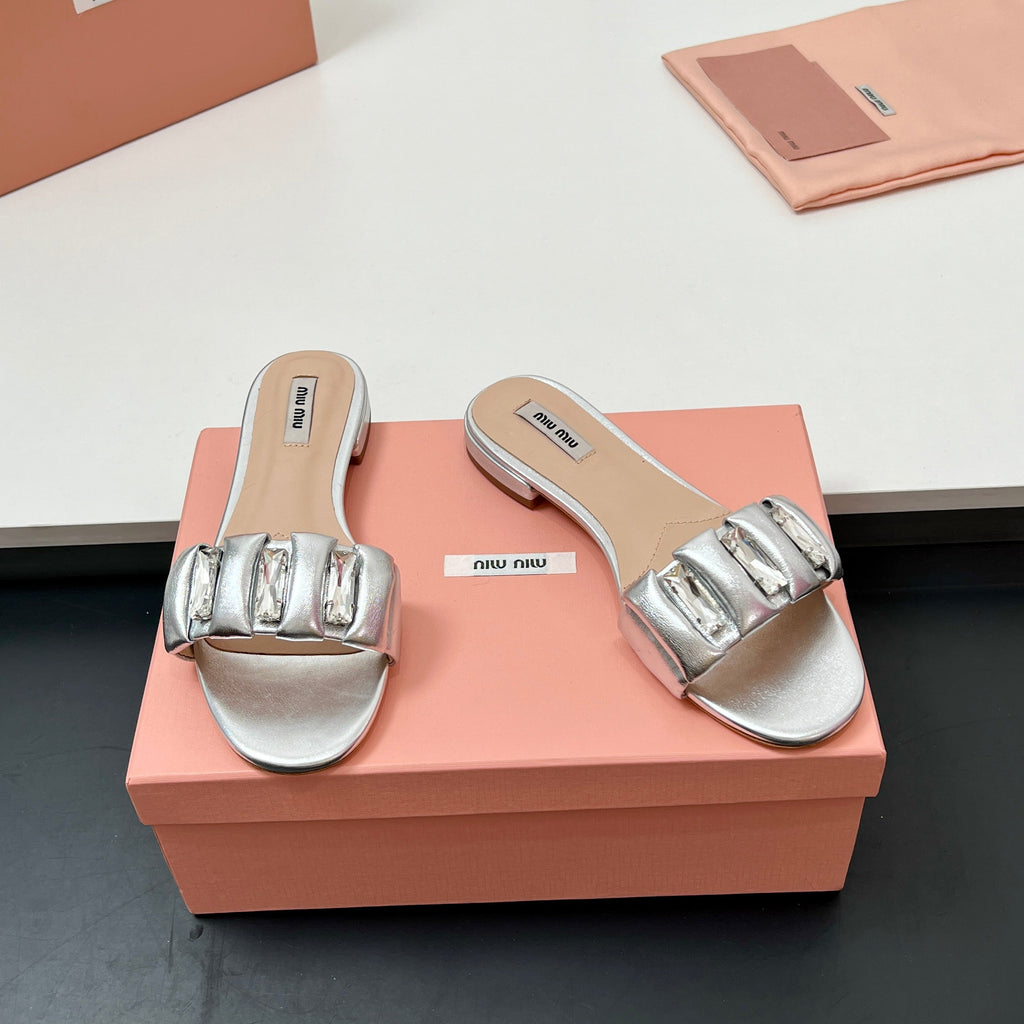 Miu 10mm Slipper with diamonds silver leather 223453