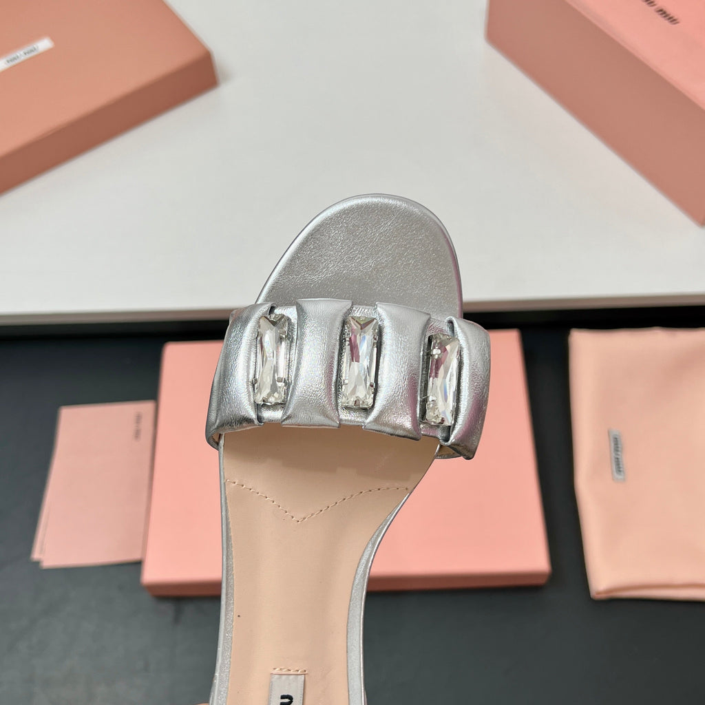 Miu 10mm Slipper with diamonds silver leather 223453