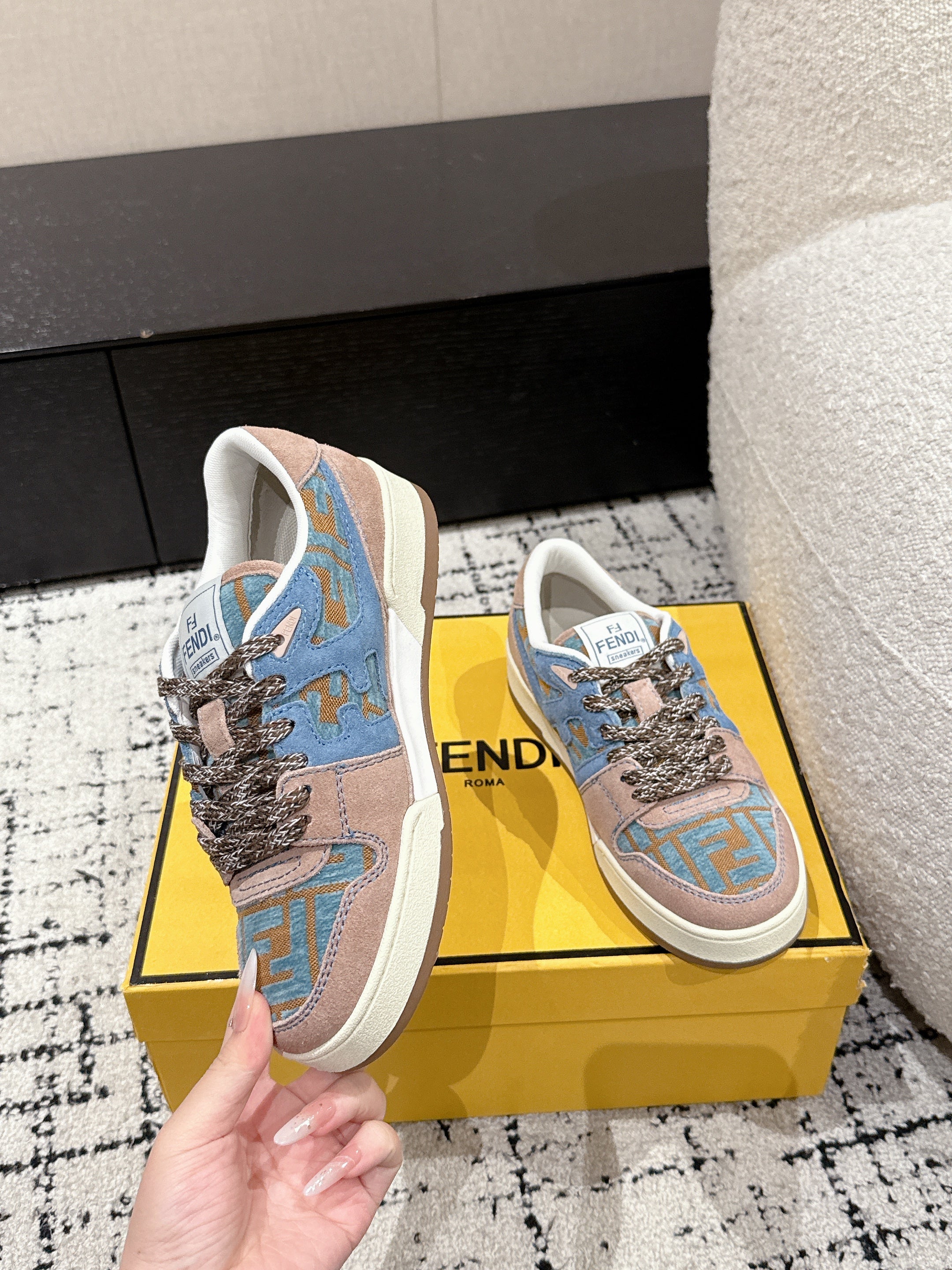 Fendi Match Trainers Brown Blue Suede Cotton 679602