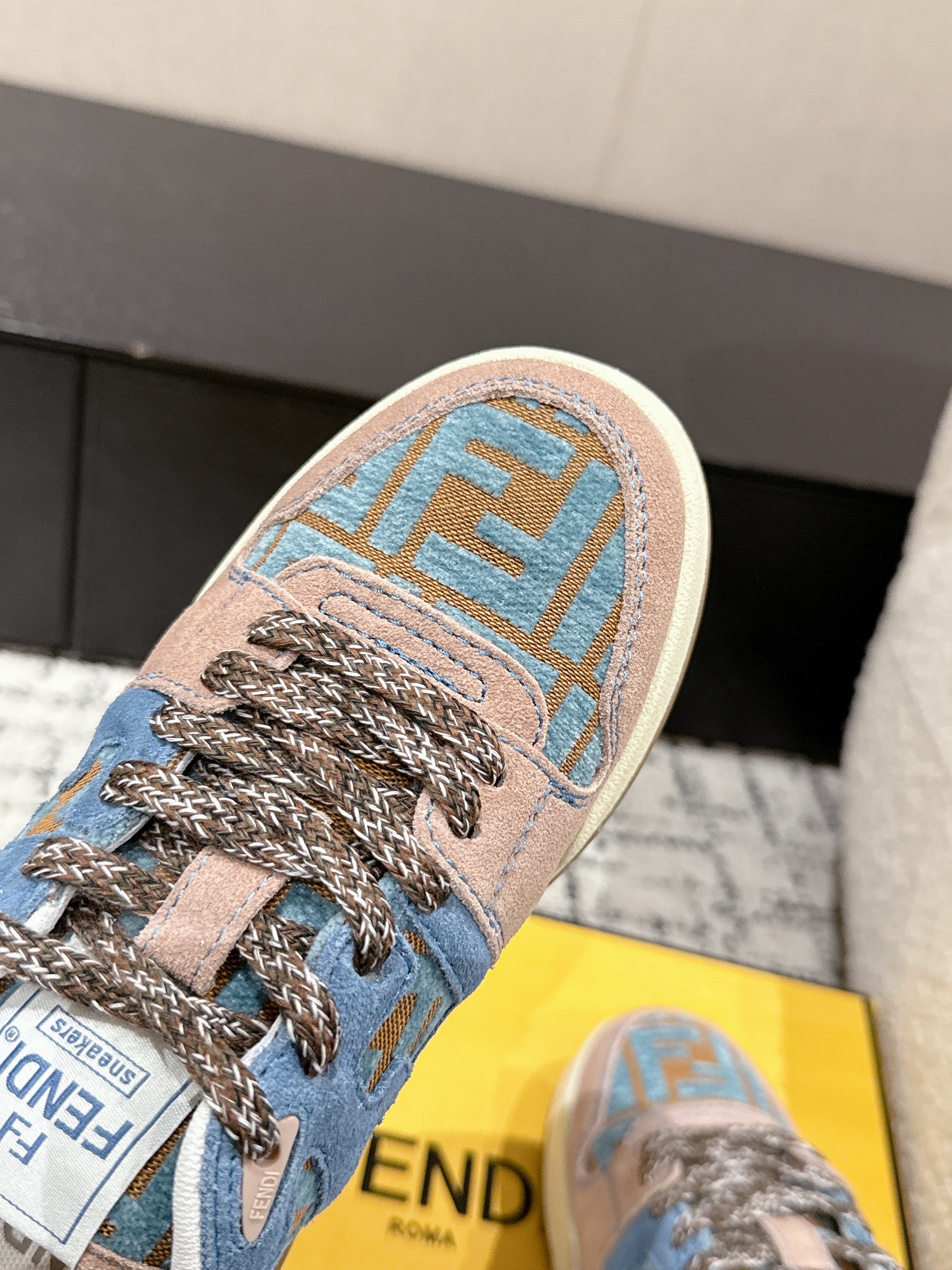 Fendi Match Trainers Brown Blue Suede Cotton 679602