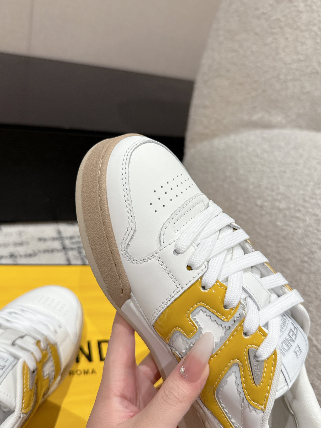 Fendi Match Trainers White Yellow Leather 679605