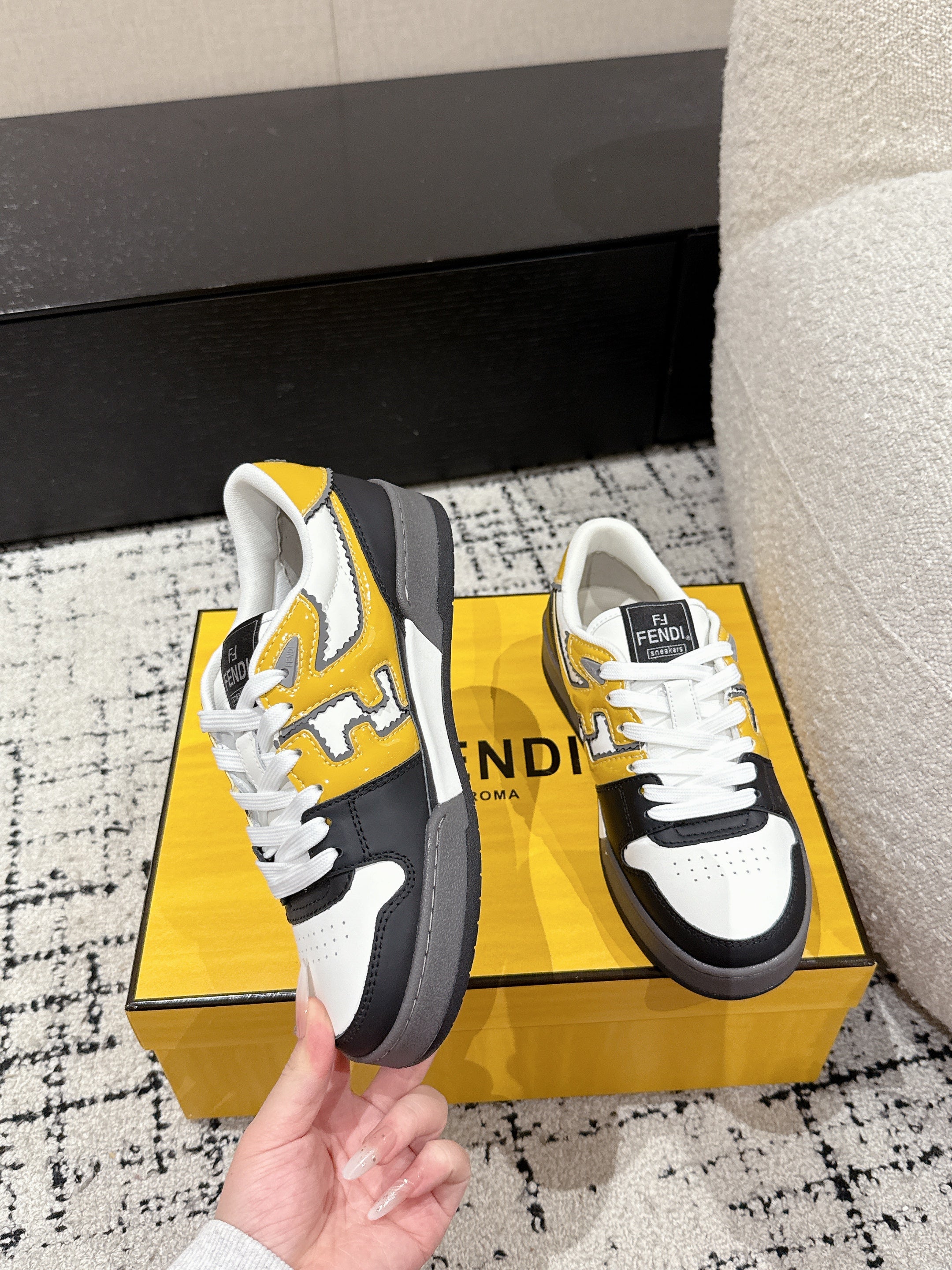 Fendi Match Trainers Black Yellow Leather 679606