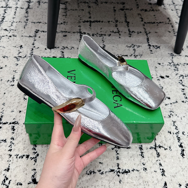 BV Charlotte Mary Jane Flat Sliver Metallic Leather 770006