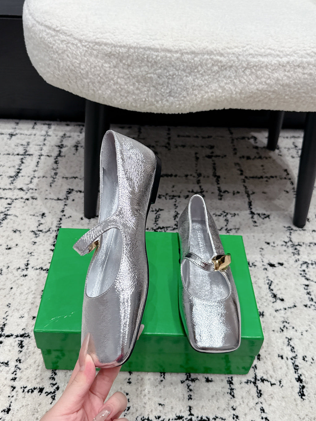 BV Charlotte Mary Jane Flat Sliver Metallic Leather 770006