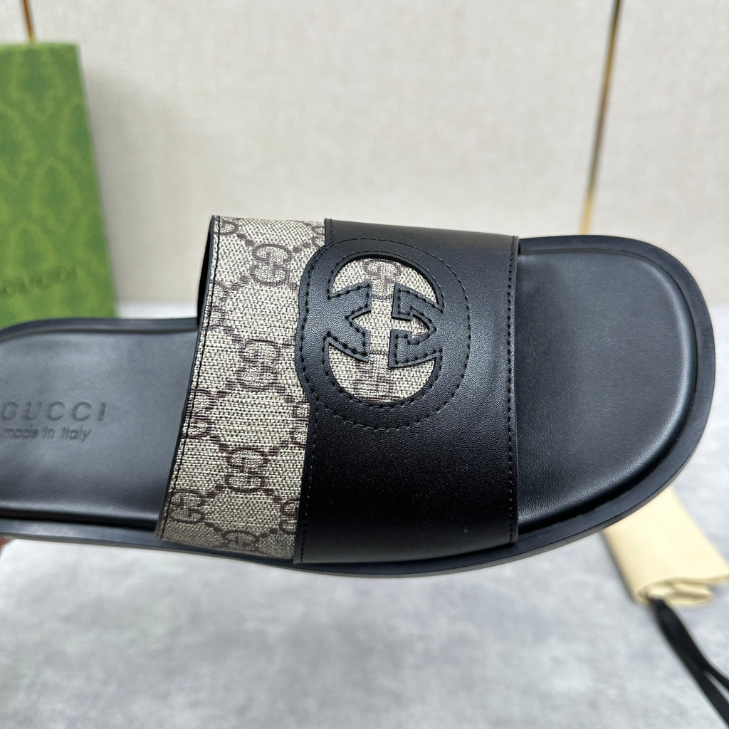 GG Men's Slide Black Brown Canvas Cowhide 542946