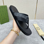 GG Men's Thong Sandals Black Canvas Cowhide 542951