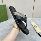 GG Men's Thong Sandals Black Brown Canvas Cowhide 542952