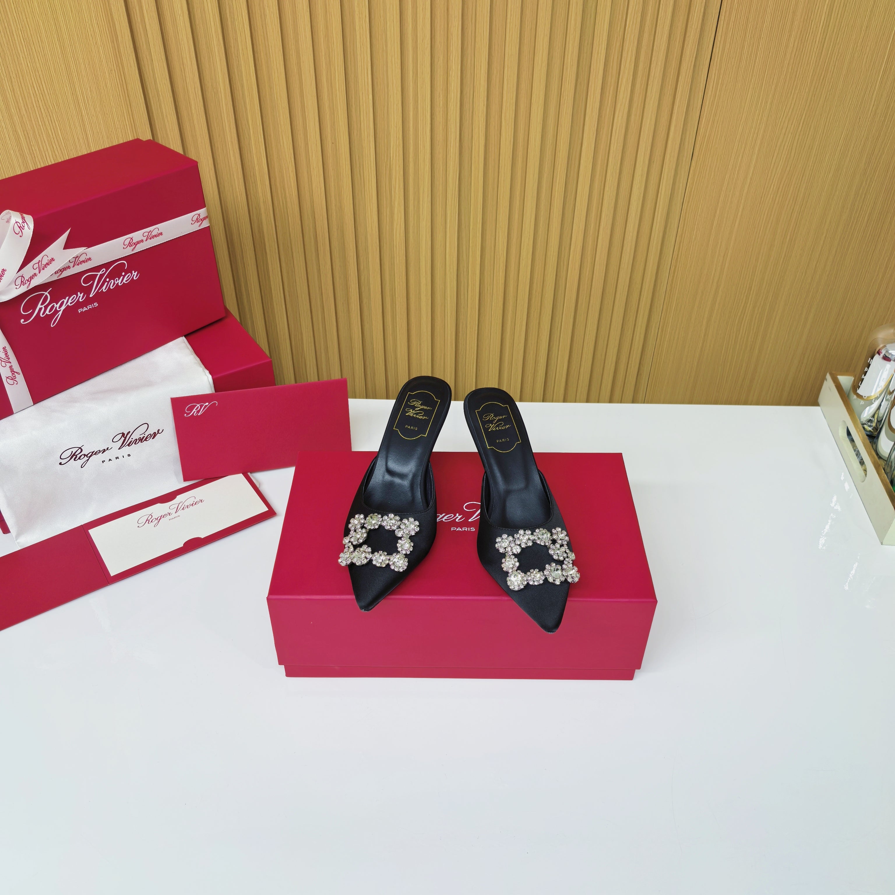 Viv Diamond Mules Black Silk 247394