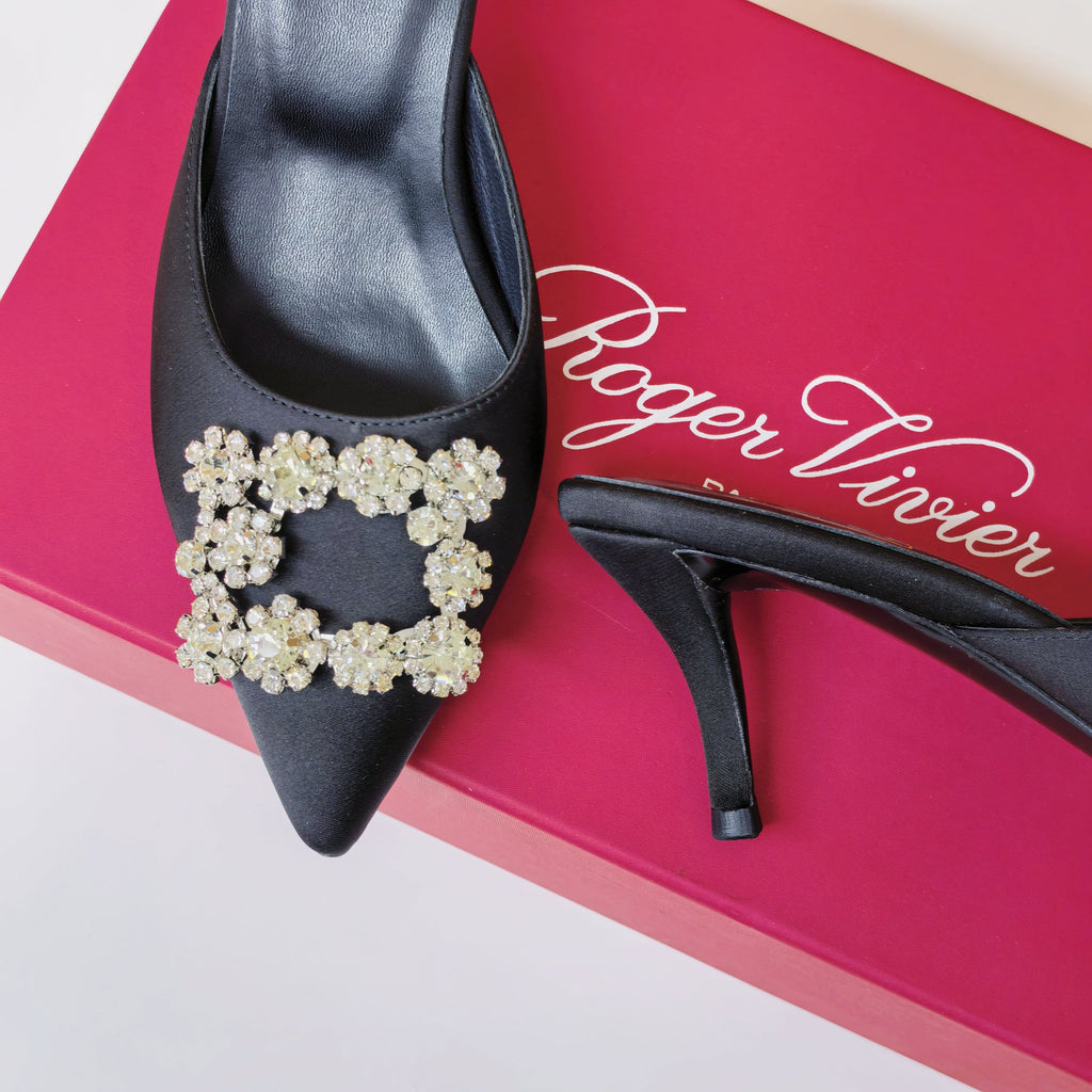 Viv Diamond Mules Black Silk 247394