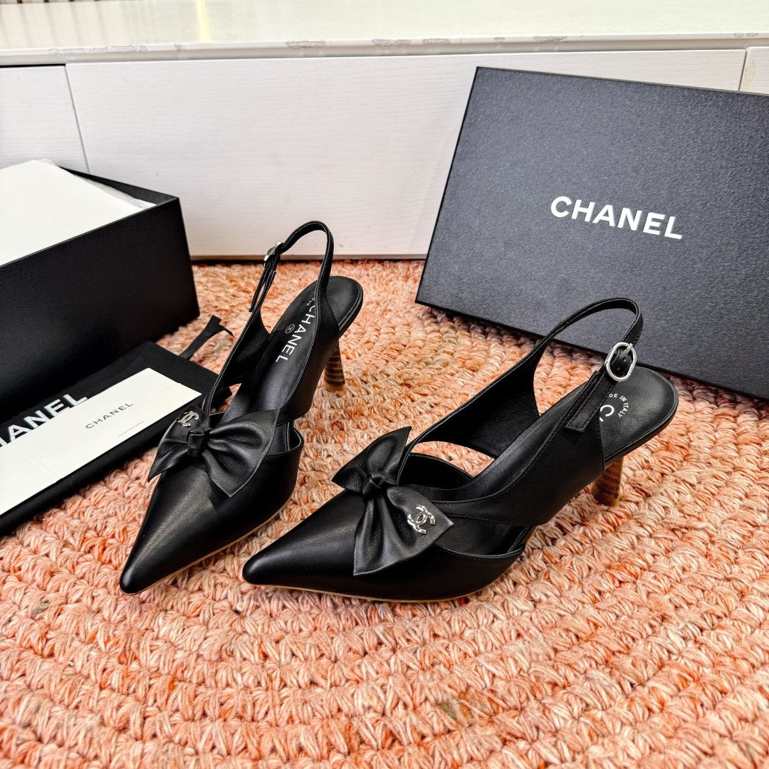 CC 26s Bow Heels 7cm Slingback Black Sheepskin 703665