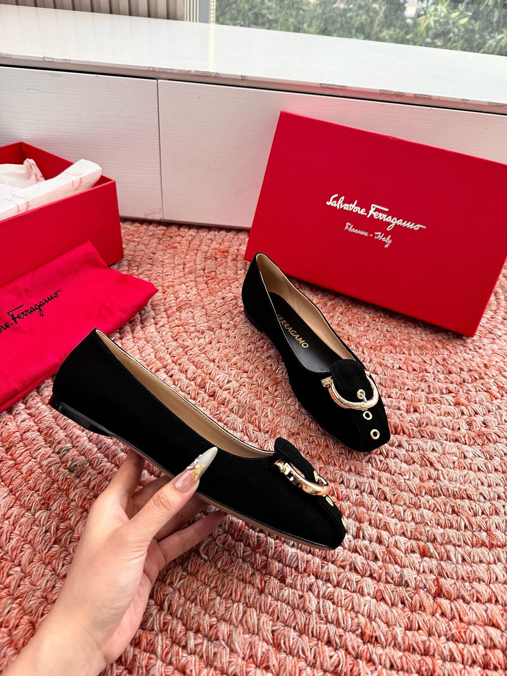 Ferragamo Gancini Ballet Flat Black Suede 760473