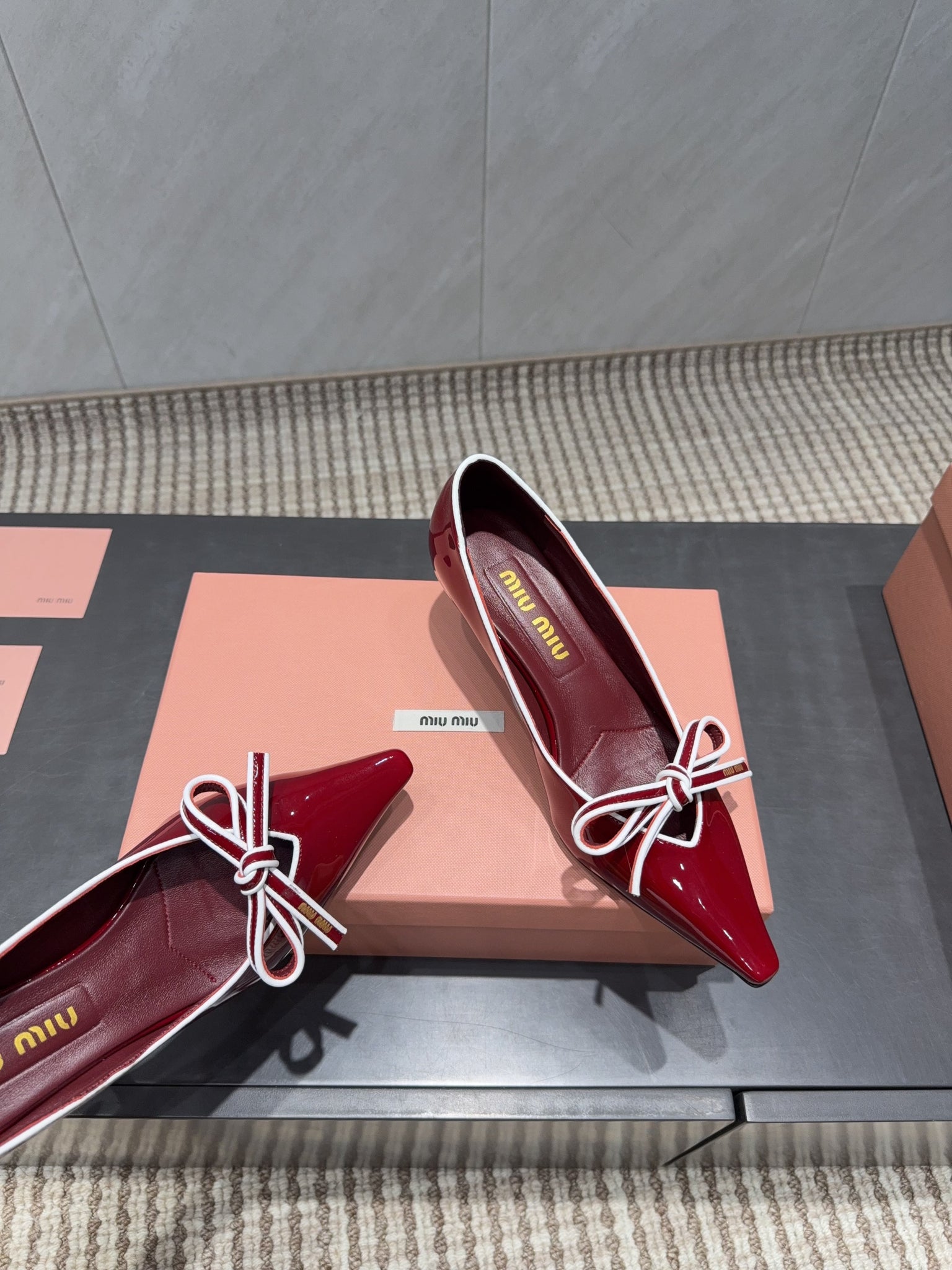 Miu 26s Pointed Toe Pumps 55mm In Dark Red Calfskin With Bow