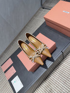 Miu 26s Pointed Toe Pumps 55mm In Caramel Brown Calfskin With Bow