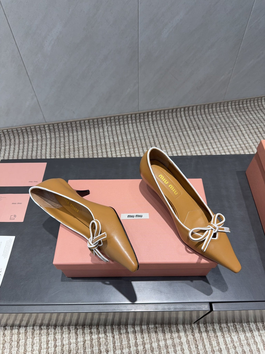 Miu 26s Pointed Toe Pumps 55mm In Caramel Brown Calfskin With Bow