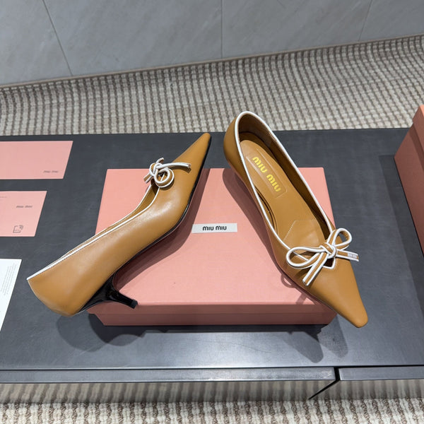 Miu 26s Pointed Toe Pumps 55mm In Caramel Brown Calfskin With Bow
