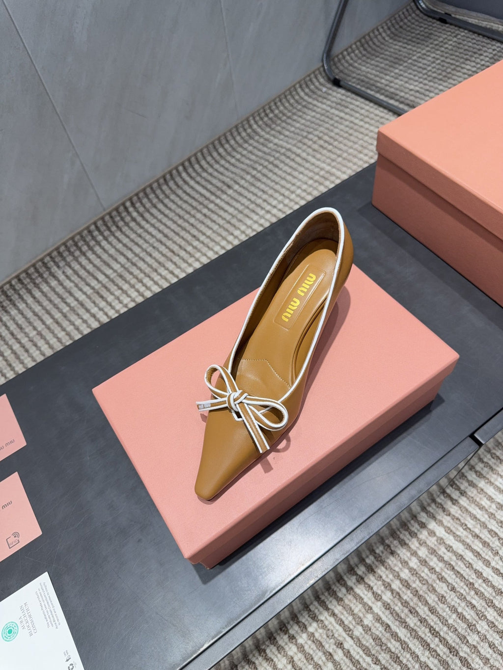 Miu 26s Pointed Toe Pumps 55mm In Caramel Brown Calfskin With Bow