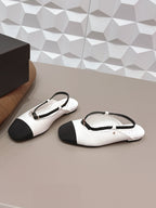 CC 26s Round-Toe Open-Back Flats Black White Fabric Leather 613257
