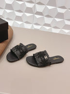 CC 26s Flat Sandals Black Straw Leather 613263