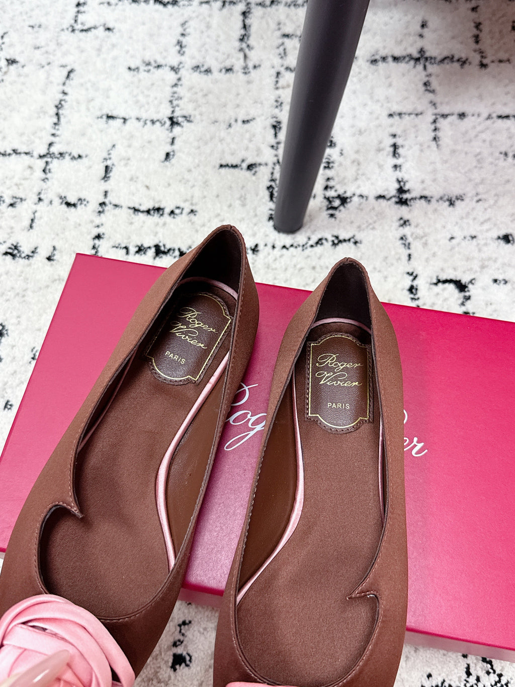 RV Rose Vivier Flower Slingback Flat Pink Brown Satin 617285