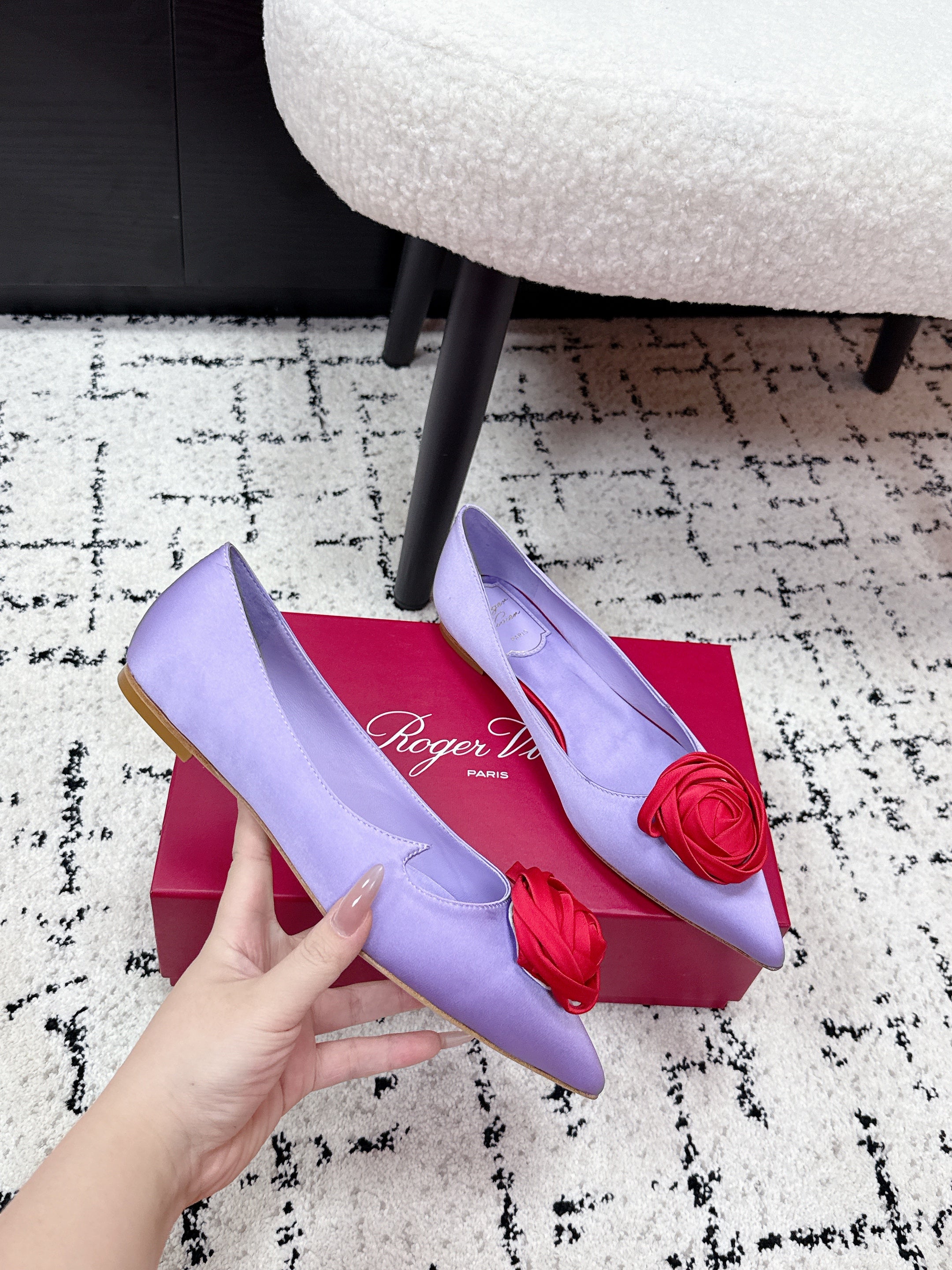 RV Rose Vivier Flower Slingback Flat Purple Red Satin 617287