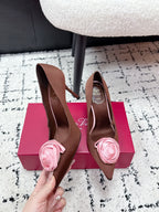 RV Rose Vivier Flower Pumps 10cm Pink Brown Satin 617292