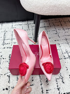 RV Rose Vivier Flower Pumps 10cm Pink Red Satin 617294