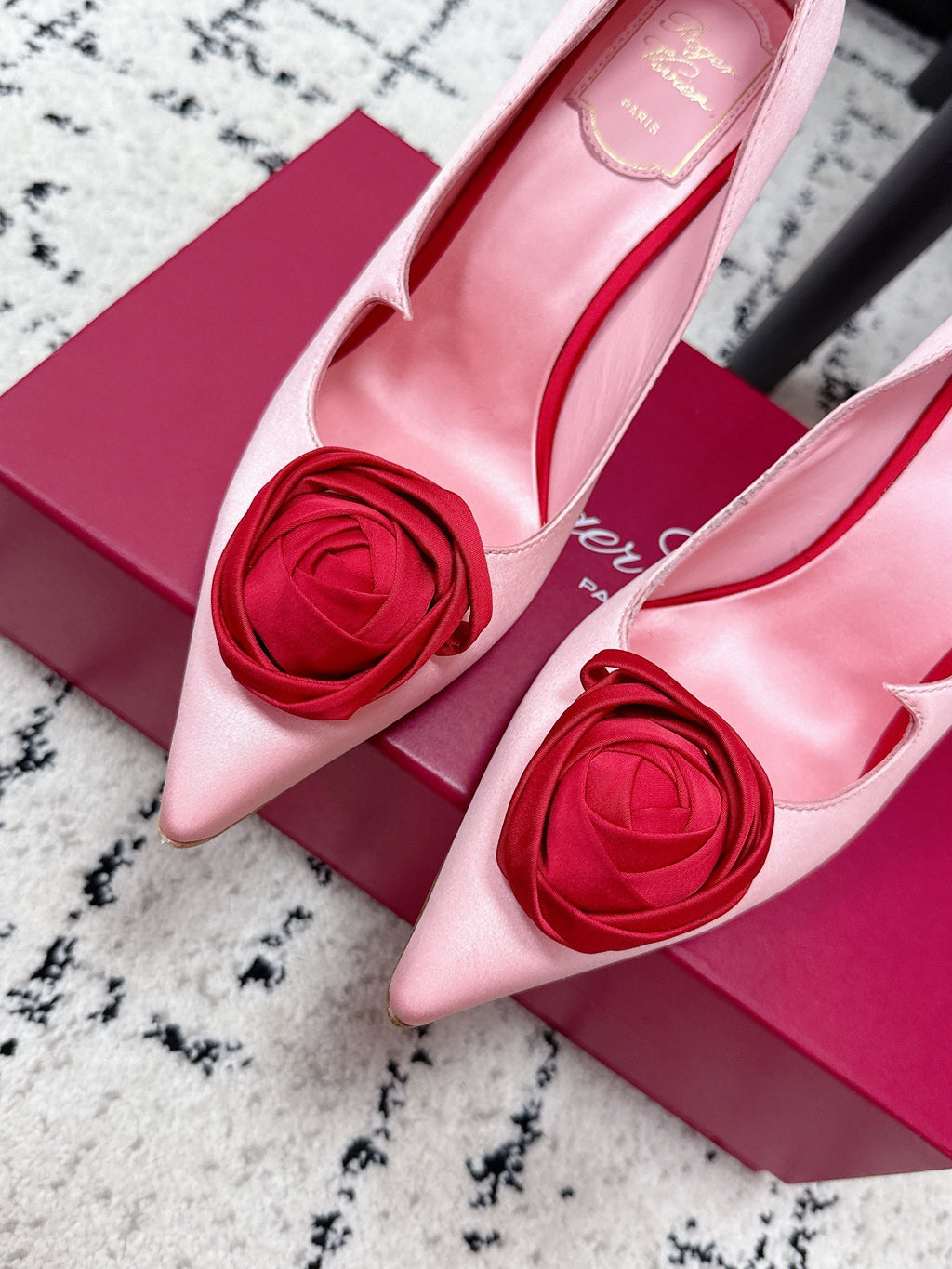 RV Rose Vivier Flower Pumps 10cm Pink Red Satin 617294