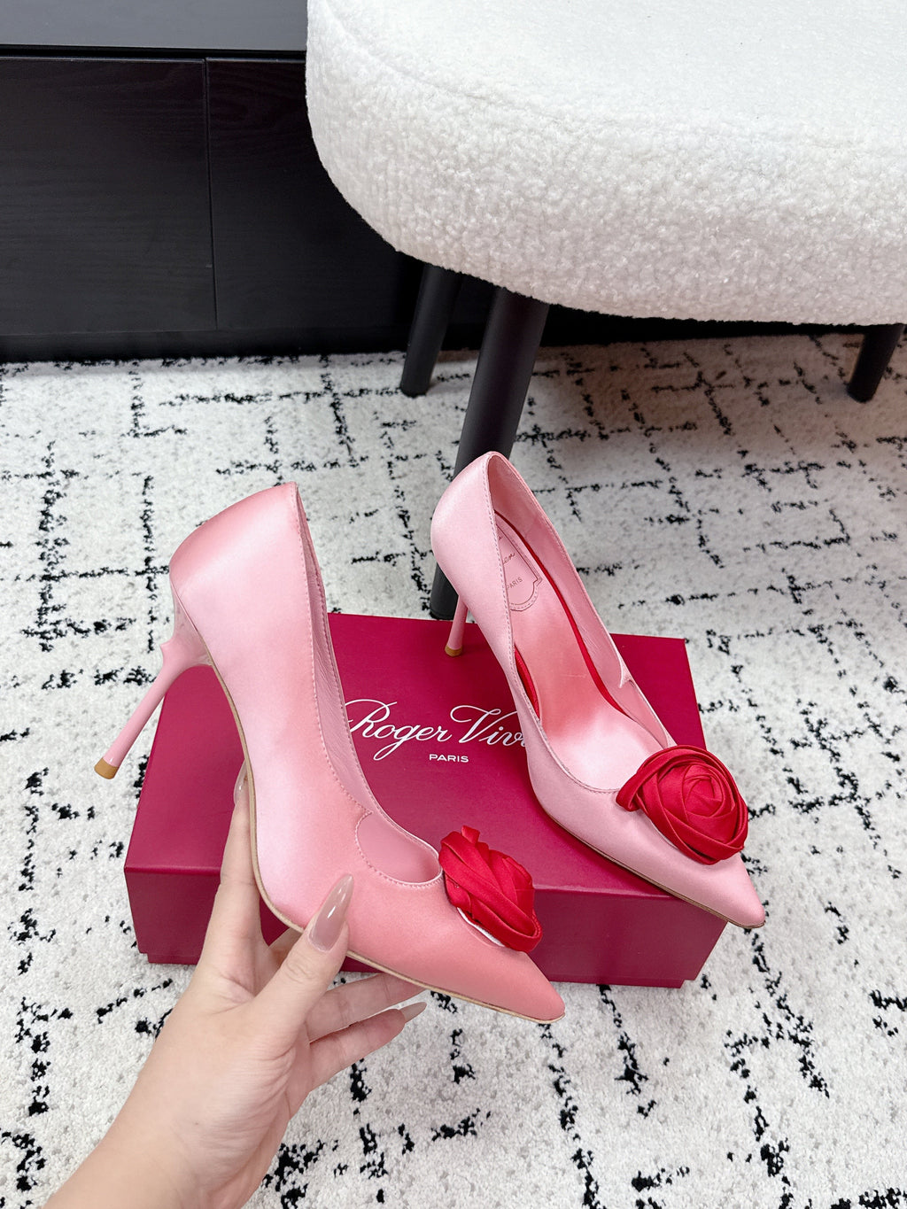 RV Rose Vivier Flower Pumps 10cm Pink Red Satin 617294