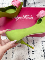 RV Rose Vivier Flower Pumps 10cm Pink Green Satin 617295