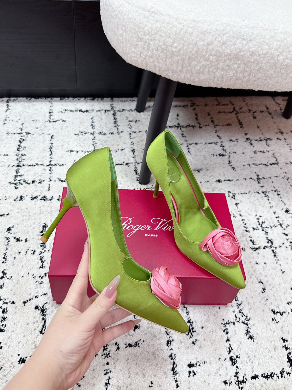 RV Rose Vivier Flower Pumps 10cm Pink Green Satin 617295