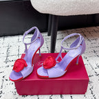 RV Rose Vivier Flower Sandal 10cm Purple Red Satin 617299