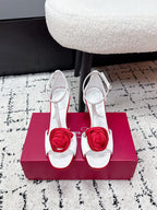 RV Rose Vivier Flower Sandal 10cm White Red Satin 617300
