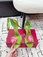 RV Rose Vivier Flower Sandal 10cm Pink Green Satin 617302