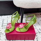 RV Rose Vivier Flower Sandal 10cm Pink Green Satin 617302