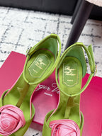 RV Rose Vivier Flower Sandal 10cm Pink Green Satin 617302