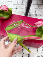 RV Rose Vivier Flower Sandal 10cm Pink Green Satin 617302