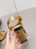 CC 26s Round-Toe Square-Heeled Sandals 7.5cm Gold Leather