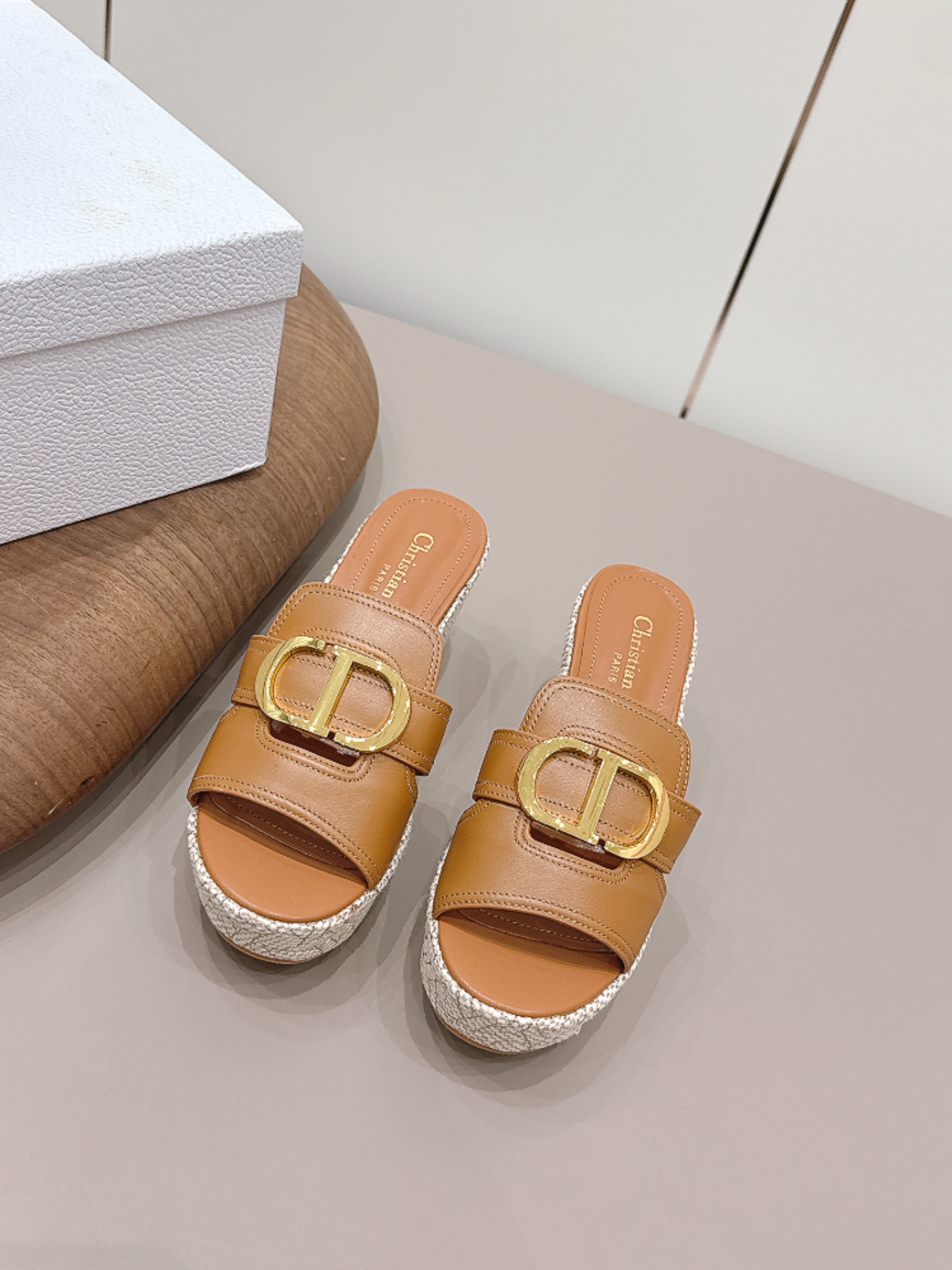 CD 30 Montaigne Wedge Slides 8cm Tan Calfskin 738318