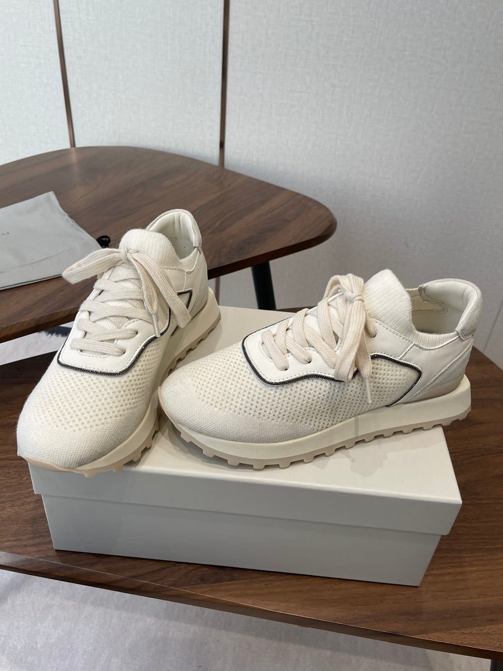 Brunello Runners With Shiny Eyelets White Suede Cotton 624468
