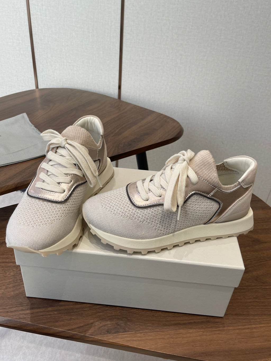 Brunello Runners With Shiny Eyelets Light Grey Suede Cotton 624471