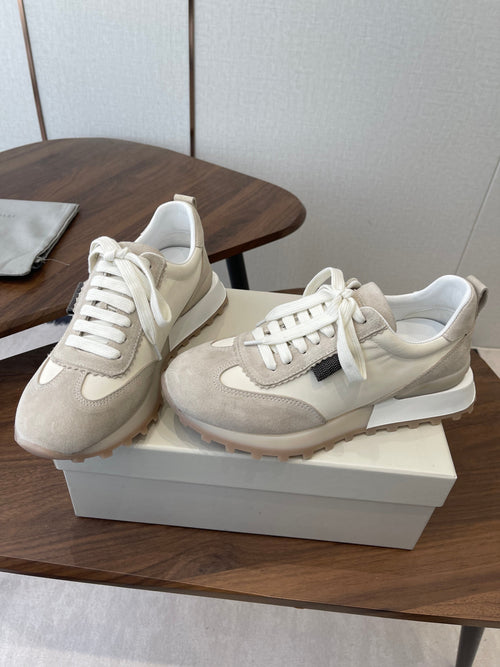 Brunello Flannel Runners With Monili Ivory Grey Suede 624477